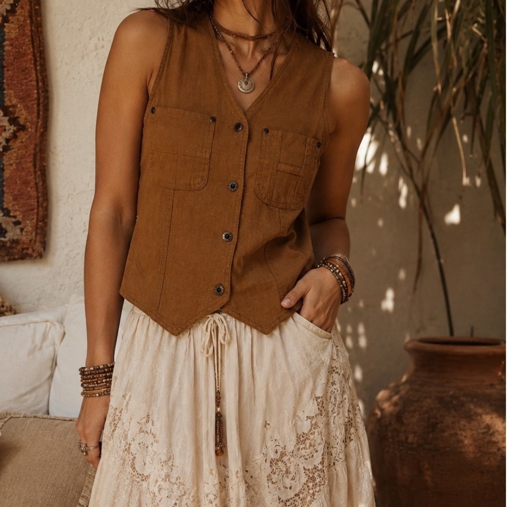 Erika Collection Brown Linen Utility Vest Boho Western Coastal Cowgirl S zz